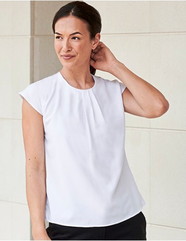 H-H597-Ladies Pleat Front Short Sleeve Blouse